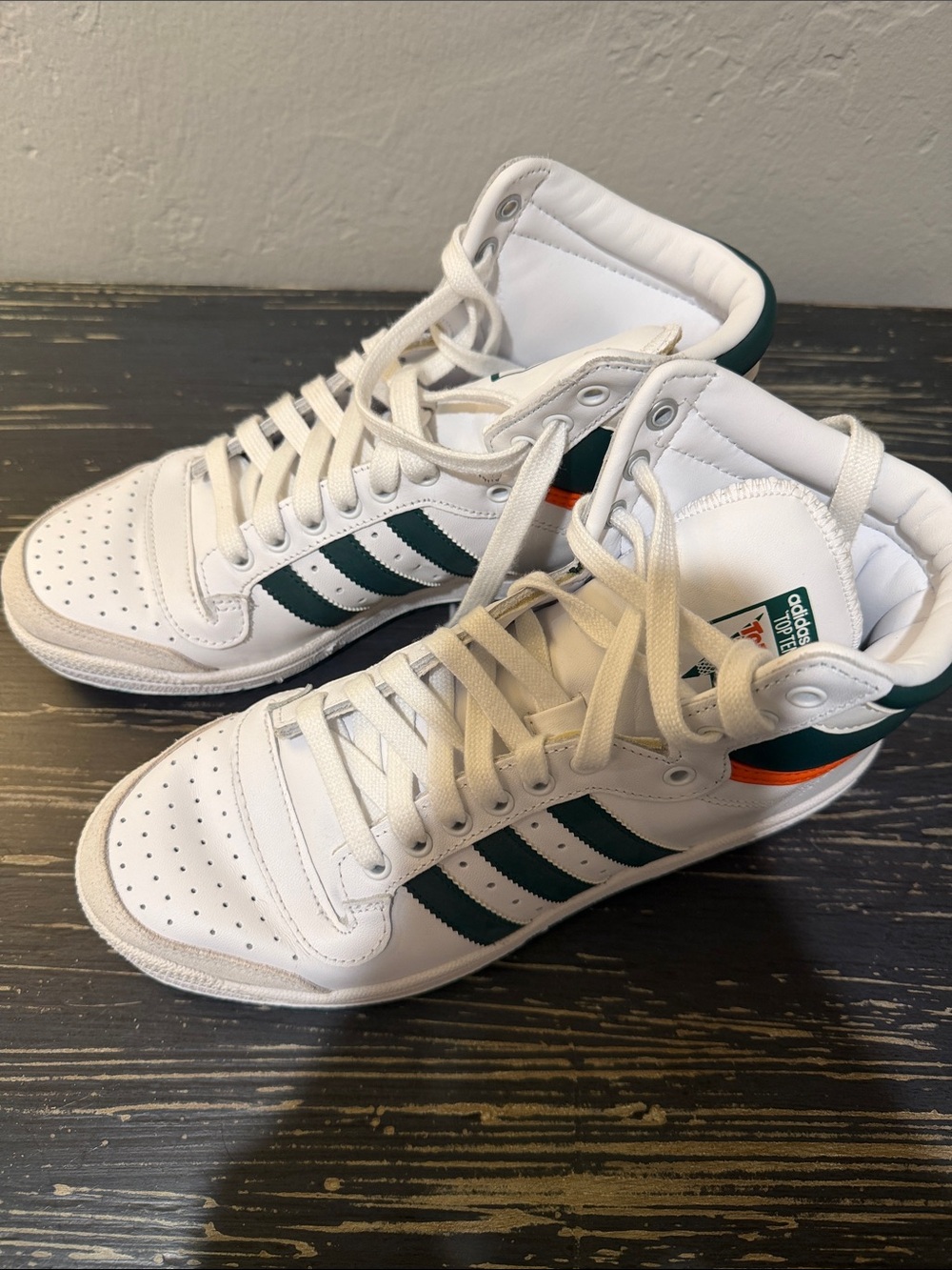 adidas Top Ten White High-Top Sneakers with Green Stripes and Orange Accent
